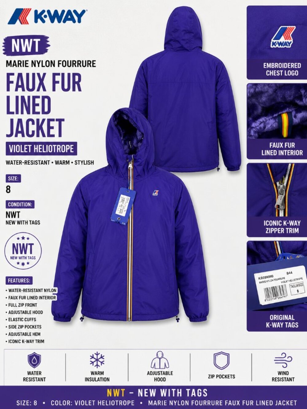 NWT K-Way Marie Nylon Fourrure Faux Fur Jacket Violet Size 8